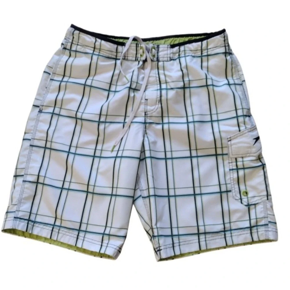 Speedo Swim Trunks Man Medium White Blue Green Plaid Boardshorts Mesh Lined Pool